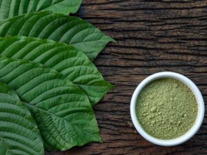 a bowl of powder next to leaves